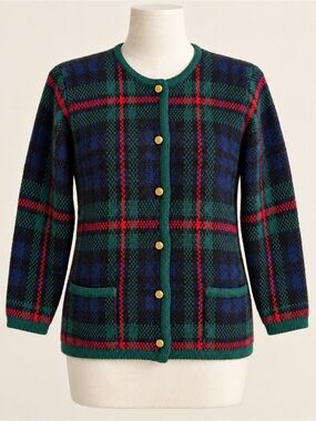 Vintage 90’s Plaid Cardigan Sweater Green Red Gold Buttons Grandmacore Holiday S